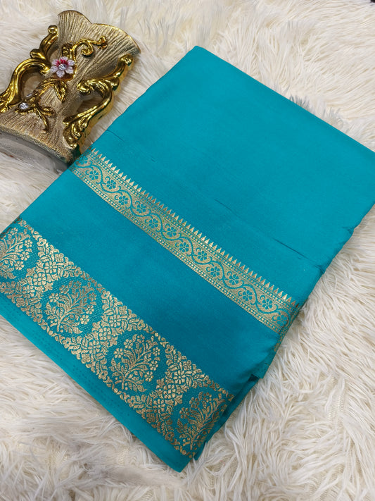 Aqua blue semi Mysore crepe silk saree