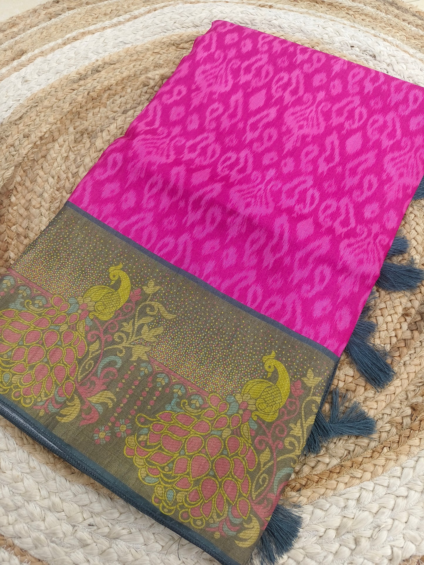 Rani Pink with grey tusser silk saree