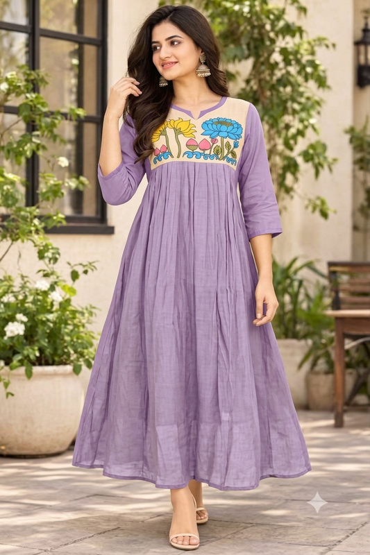 Lavender Floral Kalamkari Style A-Line Kurti