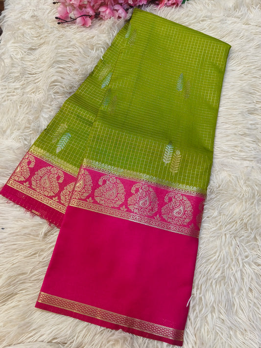 Parrot Green With Pink Semi Mysore  silk saree