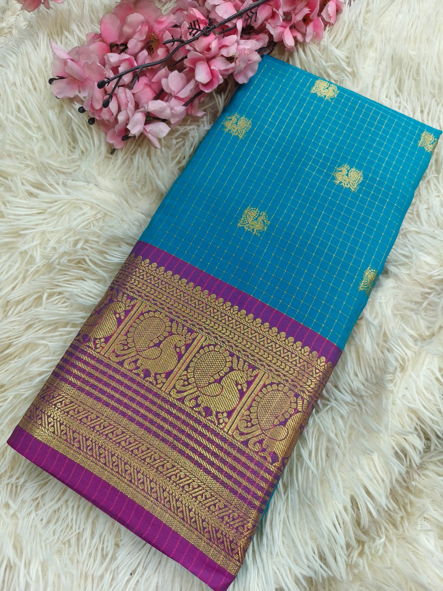 Sky blue with magenta pink semi silk saree