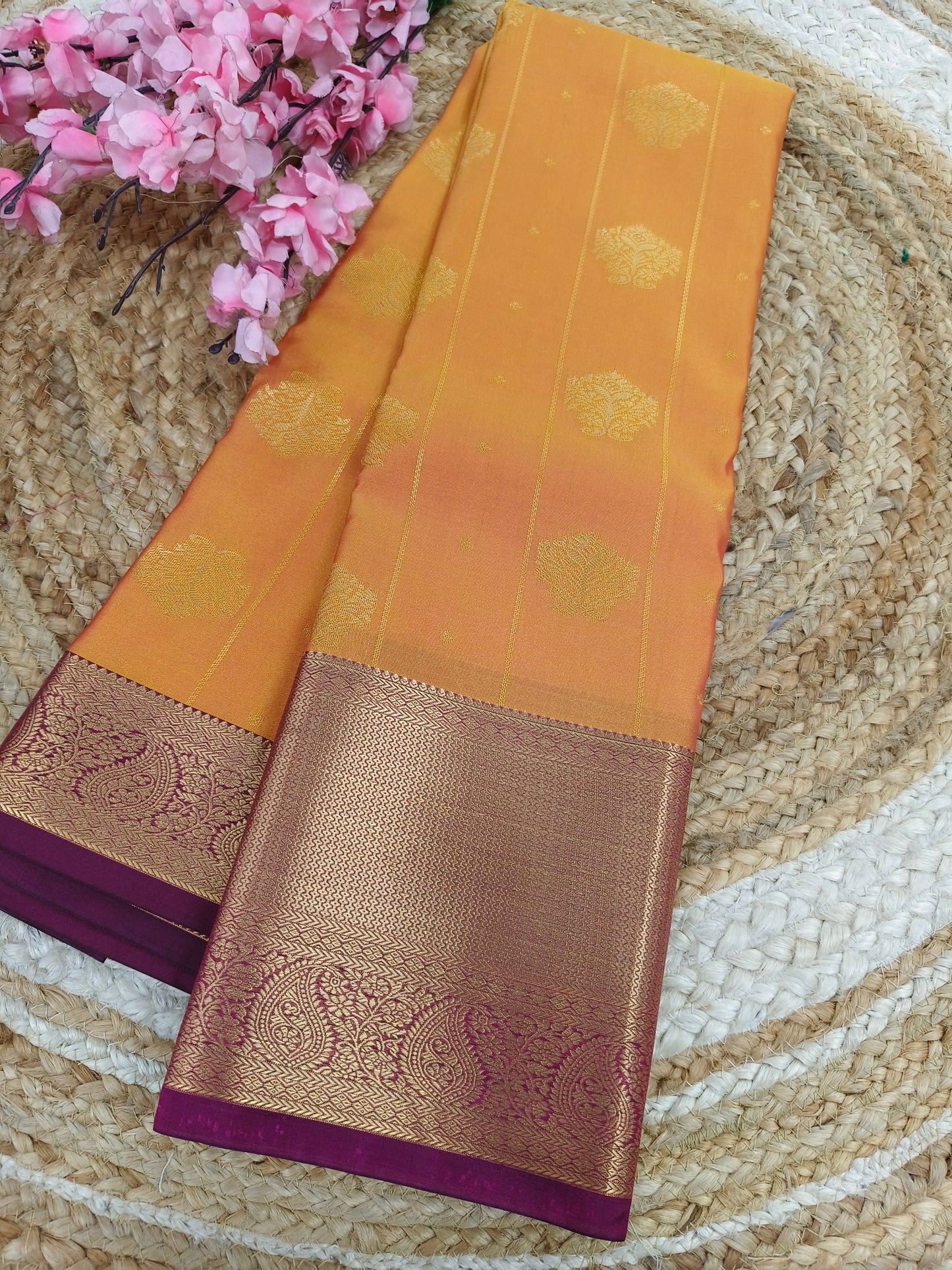 Mustard yellow with wine Elegant semi kanjivaram silk saree