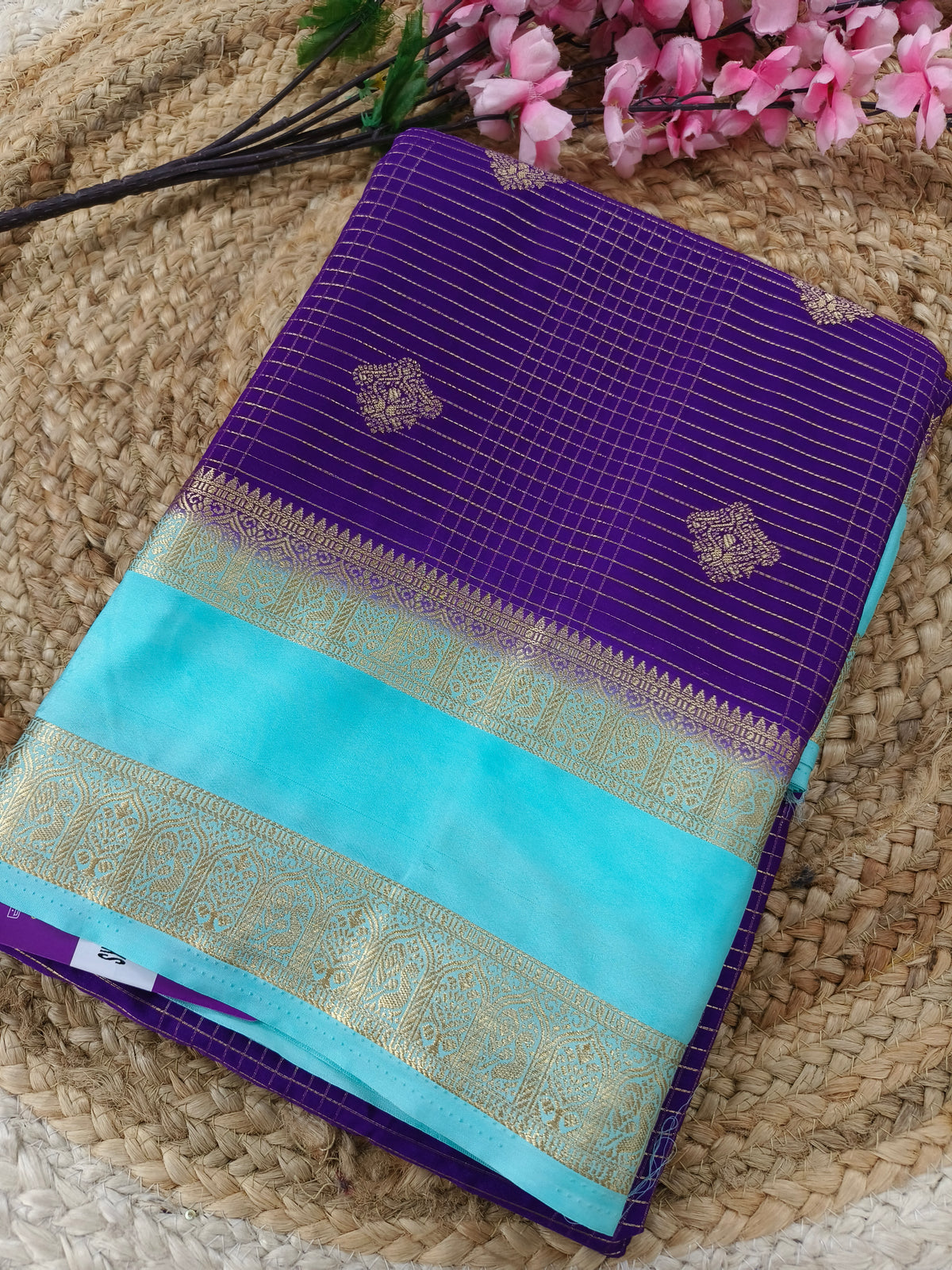 Purple with sky blue semi Mysore silk saree
