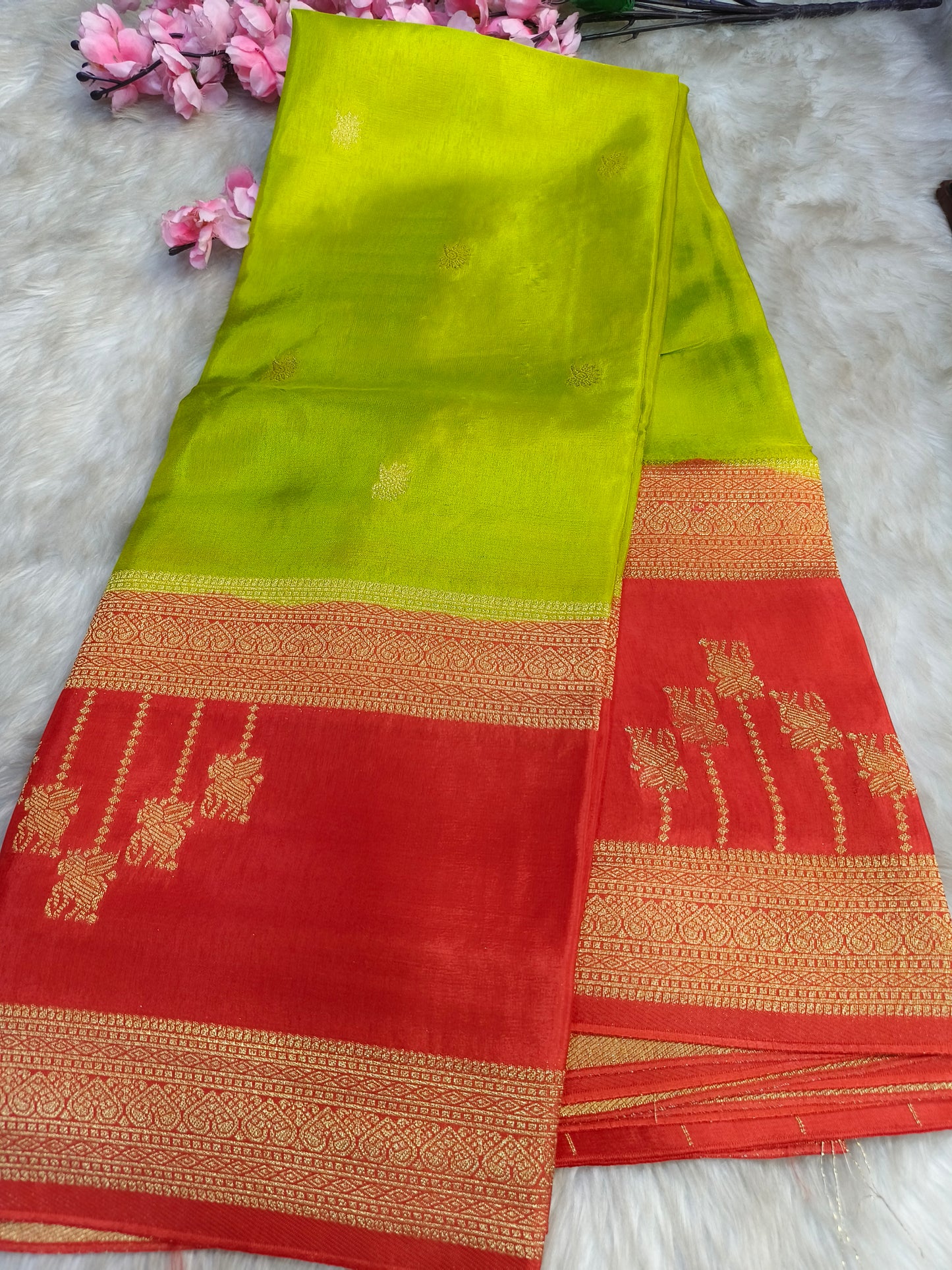 Parrot Green with Orange Munga silk saree