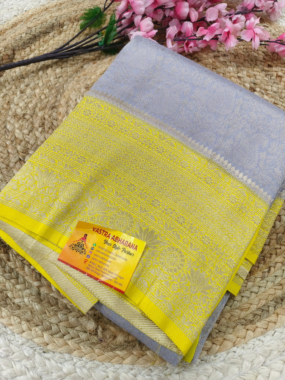 Grey with yellow Brocket silk saree