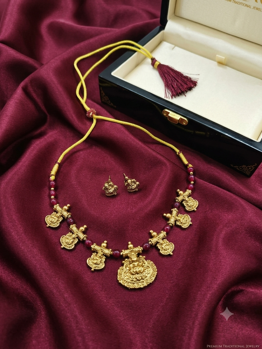 Divine Goddess Lakshmi & Red Bead Temple Necklace Set