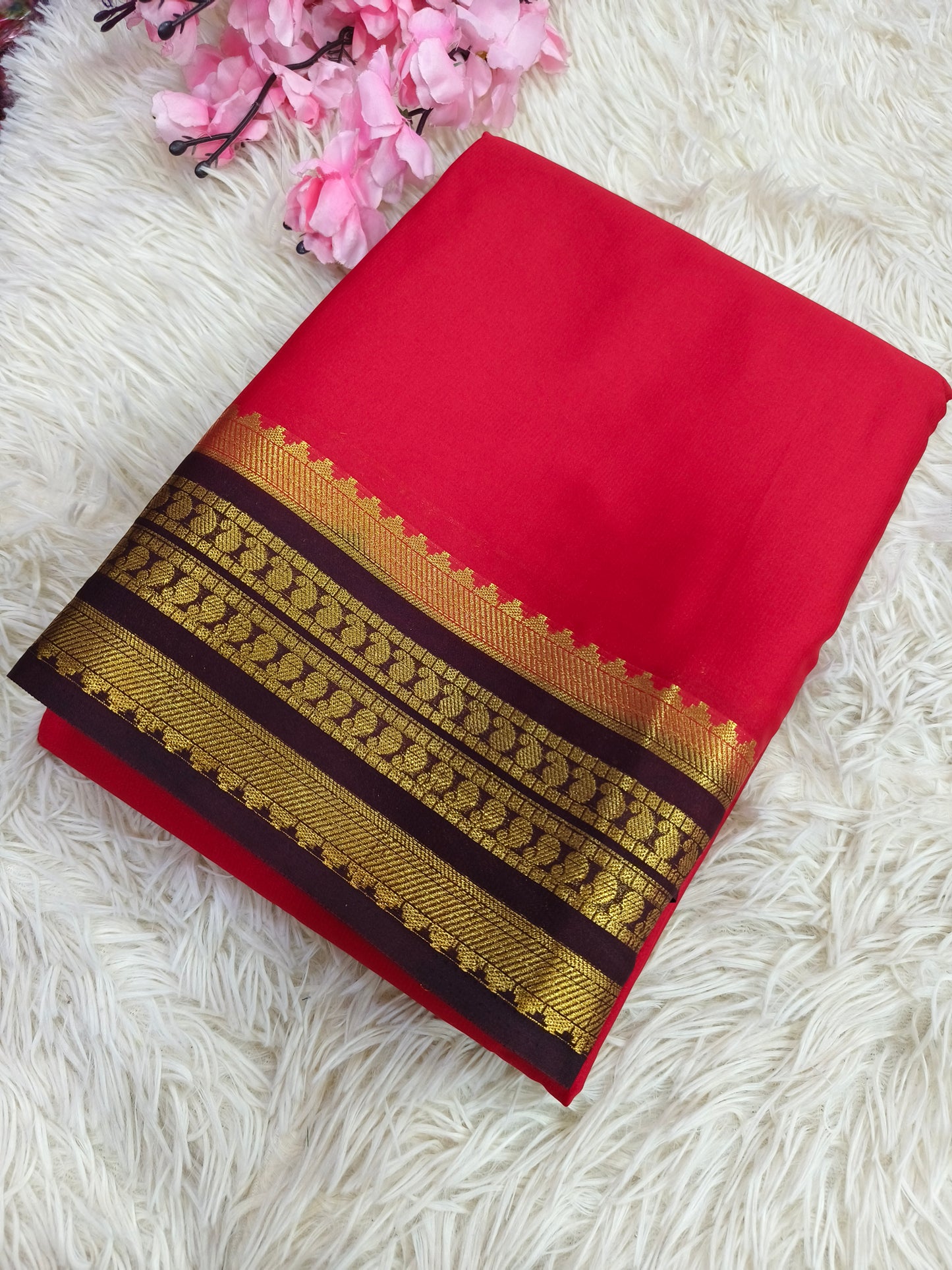 Red with Brown  semi Mysore crepe silk