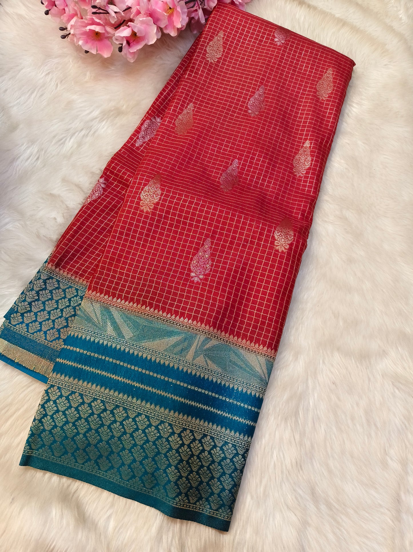 Red with sky blue georgette crepe silk saree