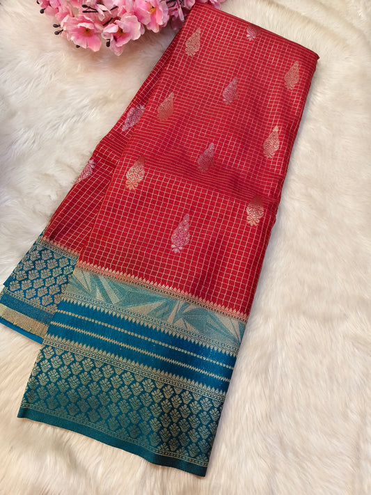 Red with sky blue georgette crepe silk saree