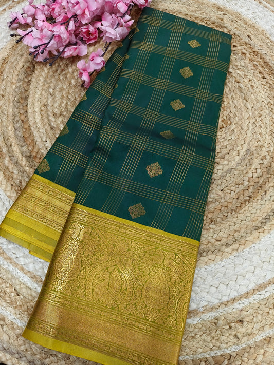 Bottle green with greenish yellow Elegant  soft semi kanjivaram silk saree