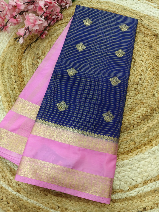 Navy blue with Rose pink Semi Mysore silk