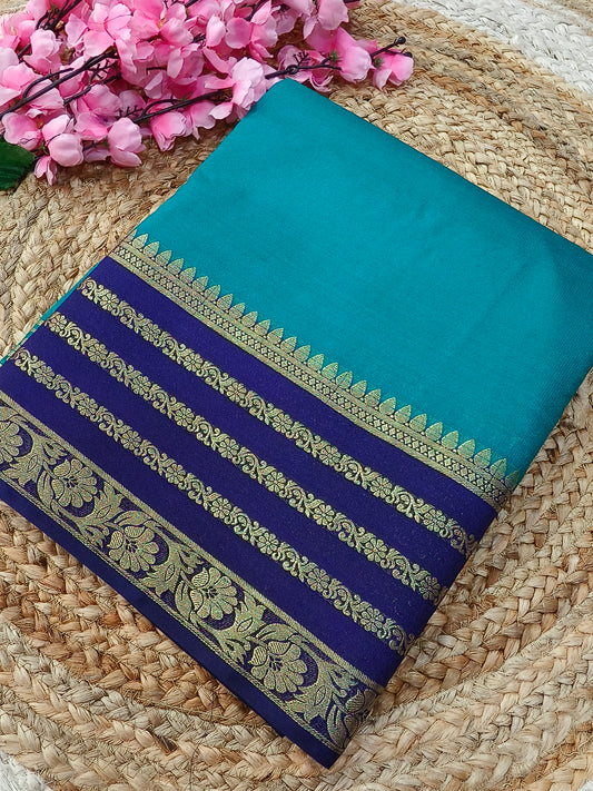 Teal Blue With ink Blue semi Mysore crepe silk saree