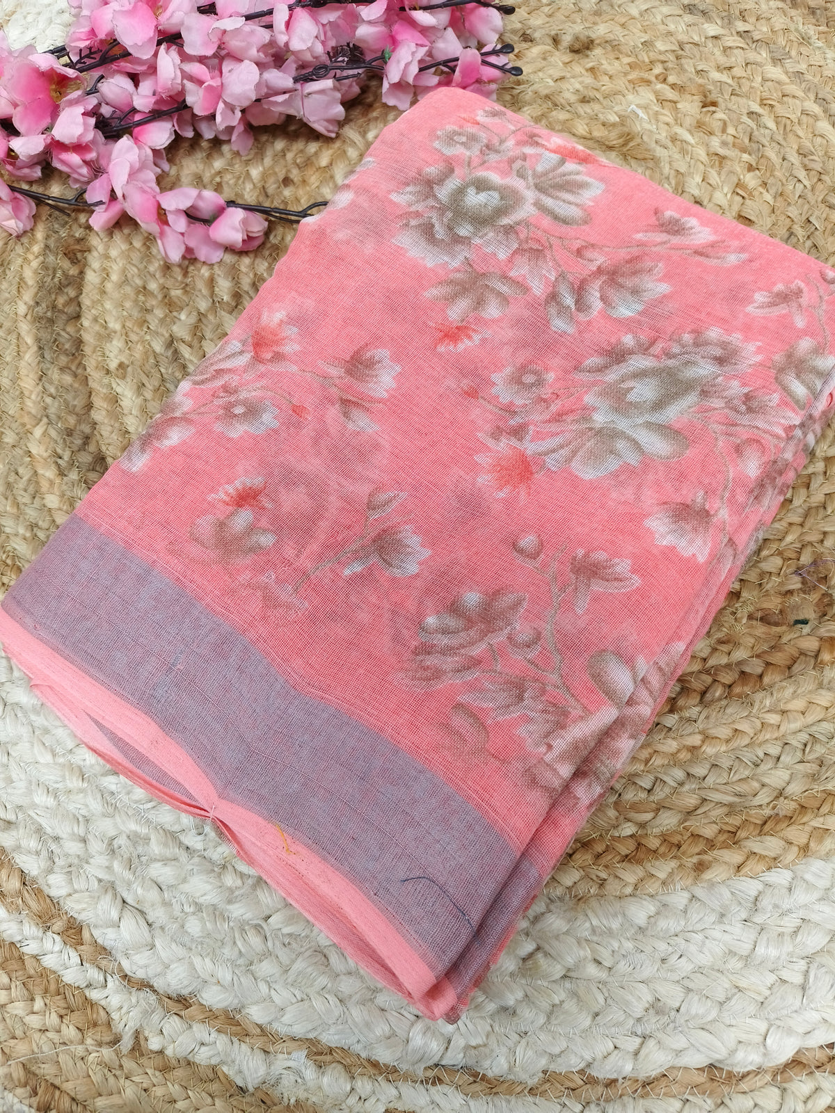 Light peach Lenin Cotton saree
