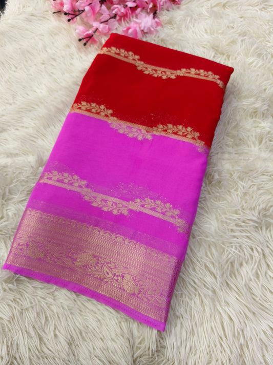 Red With Candy pink kadi Georgette silk saree