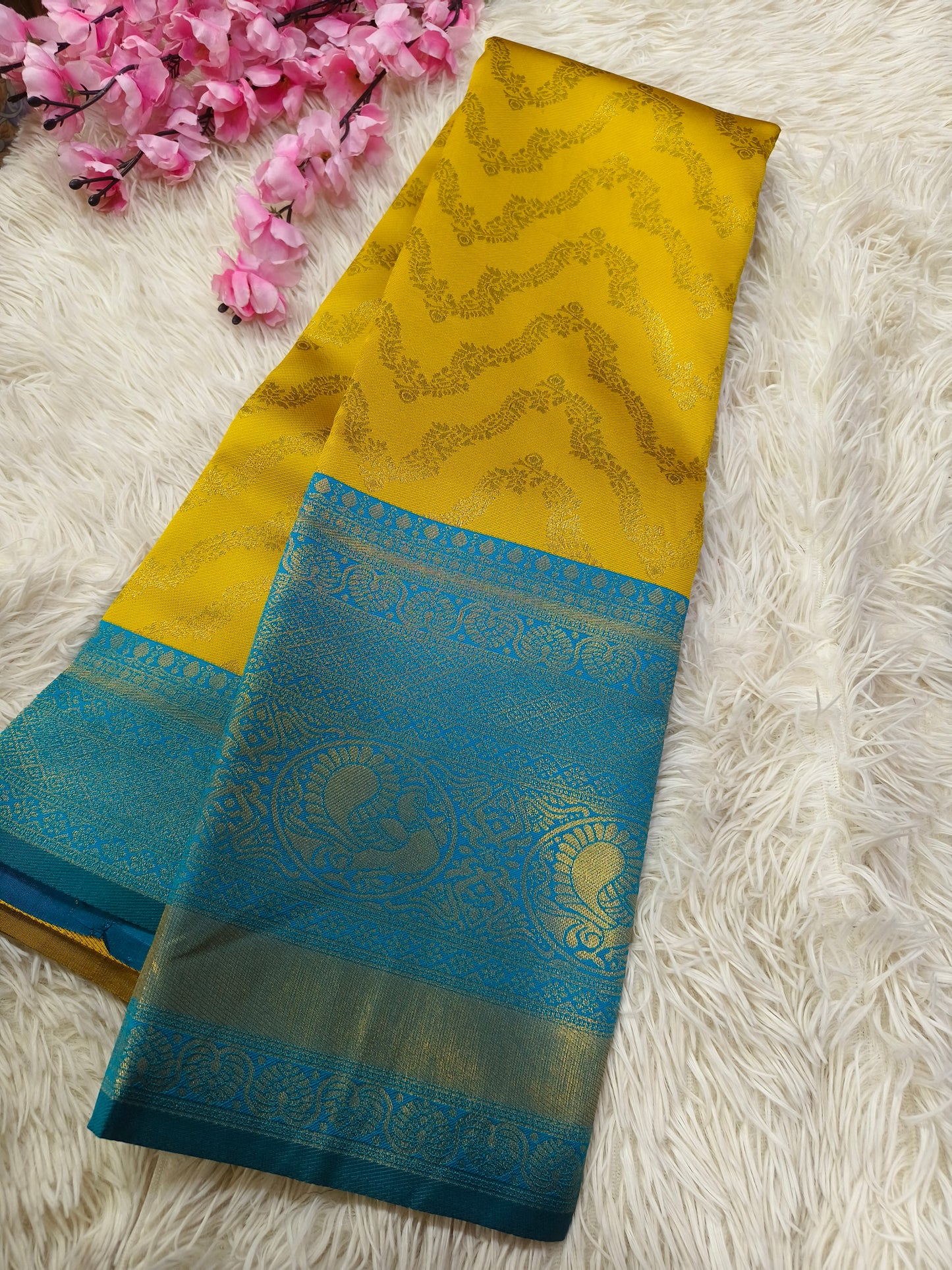 Yellow with sky blue   Bridal semi silk saree