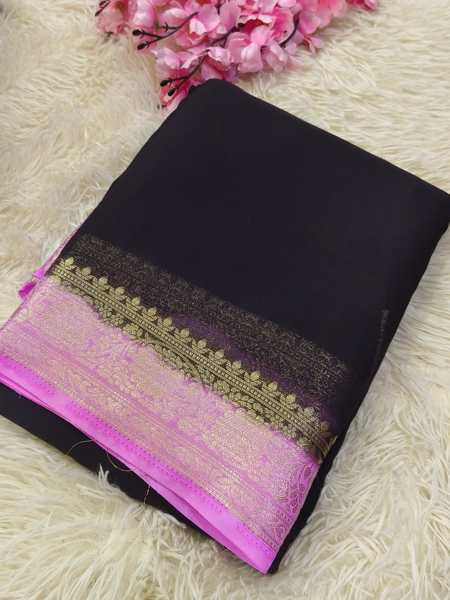 Black with Candy Pink Semi crepe georgette silk saree