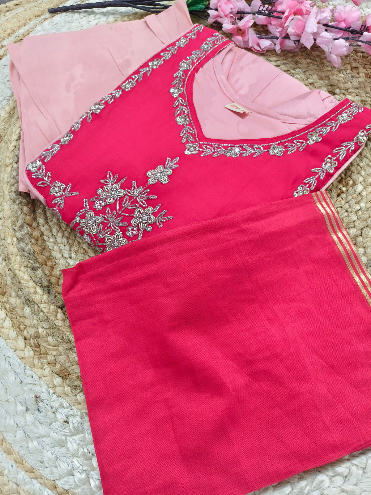 Elegant soft light Pink with Rani Pink Malchanderi A - Line suits