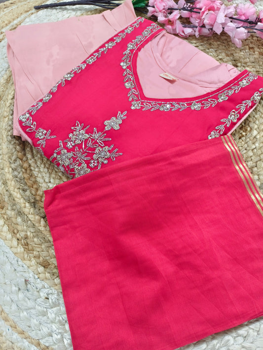 Elegant soft light Pink with Rani Pink Malchanderi A - Line suits