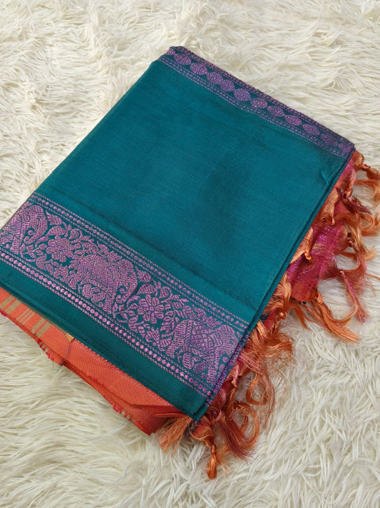 Teal Green With Orange Banana Pith Saree without Blouse