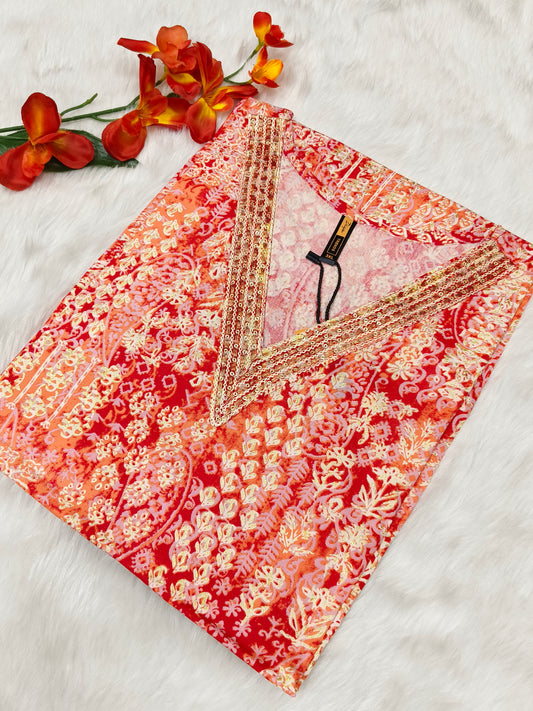 Reddish Orange Designer Rayon Kurti