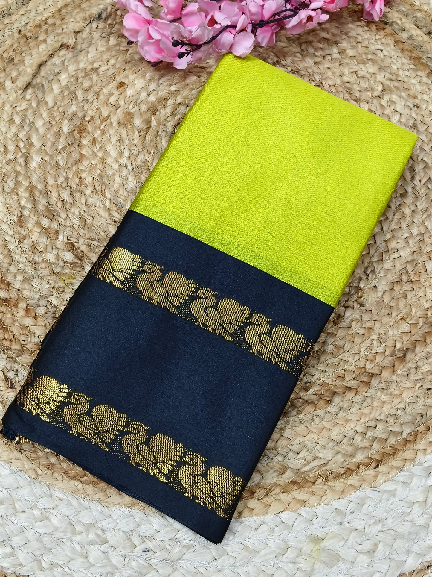 Green With Black Gadwal Semi silk saree