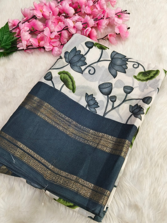 Grey with white  moss chiffon saree