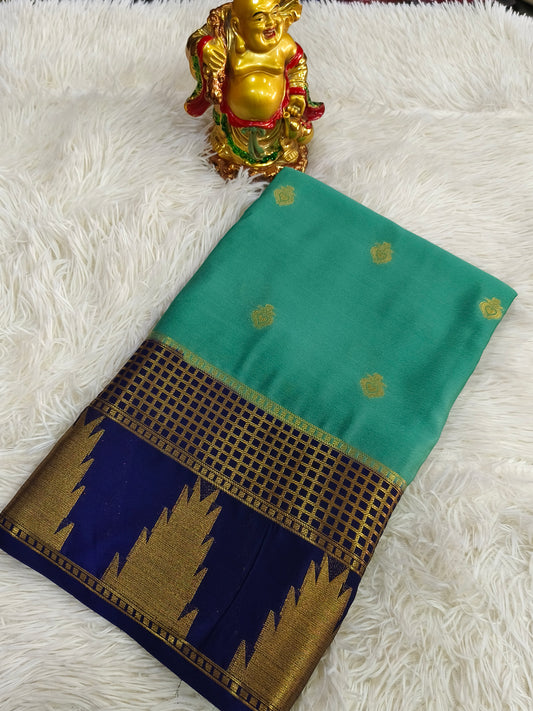 Sea Blue With Navy Blue semi Mysore crepe silk saree