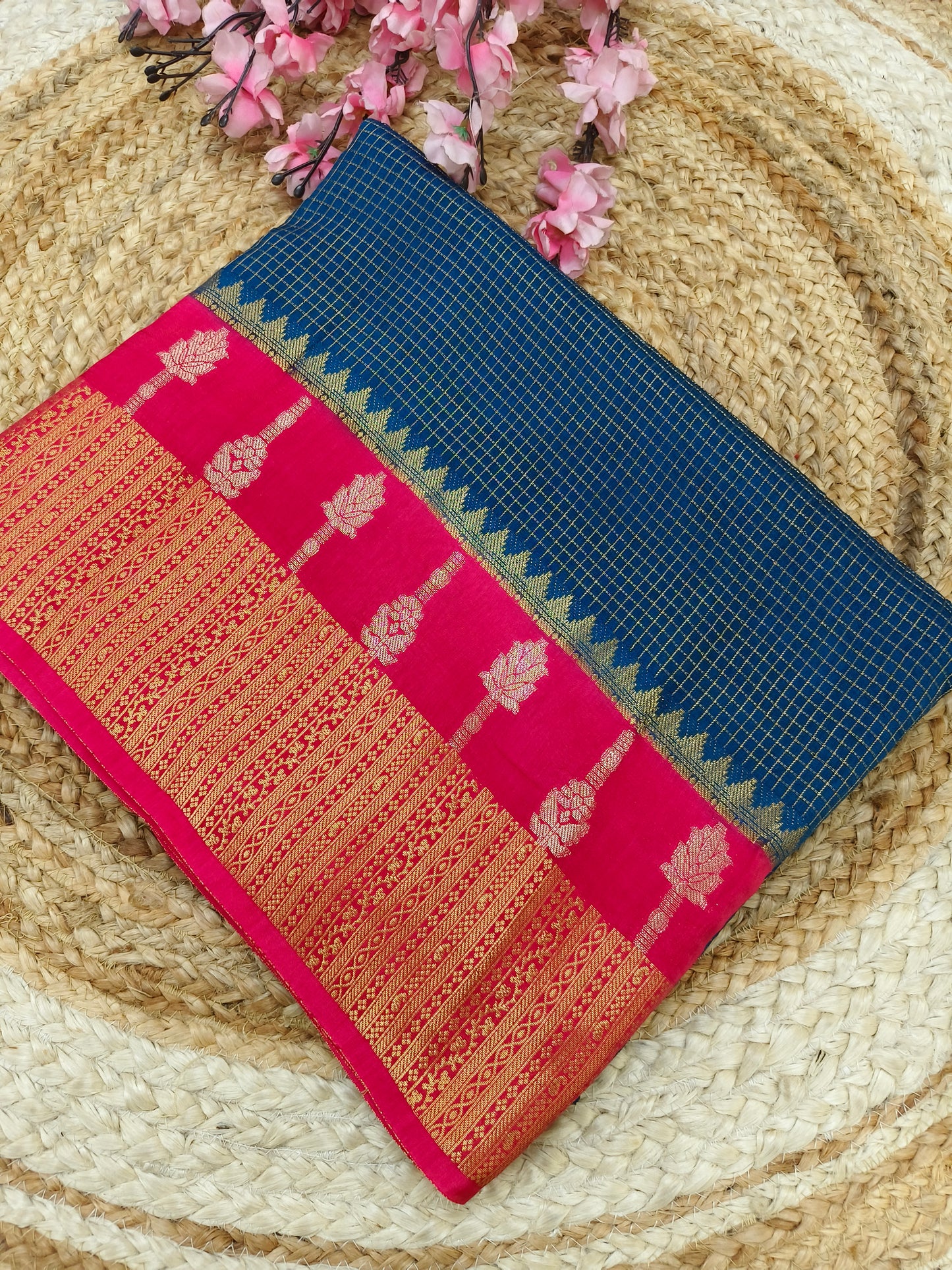 Peacock blue with Rani pink Elegant viscose silk saree