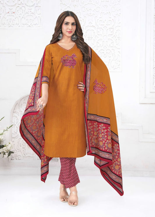Yellow with maroon Aarvi pure cotton suit