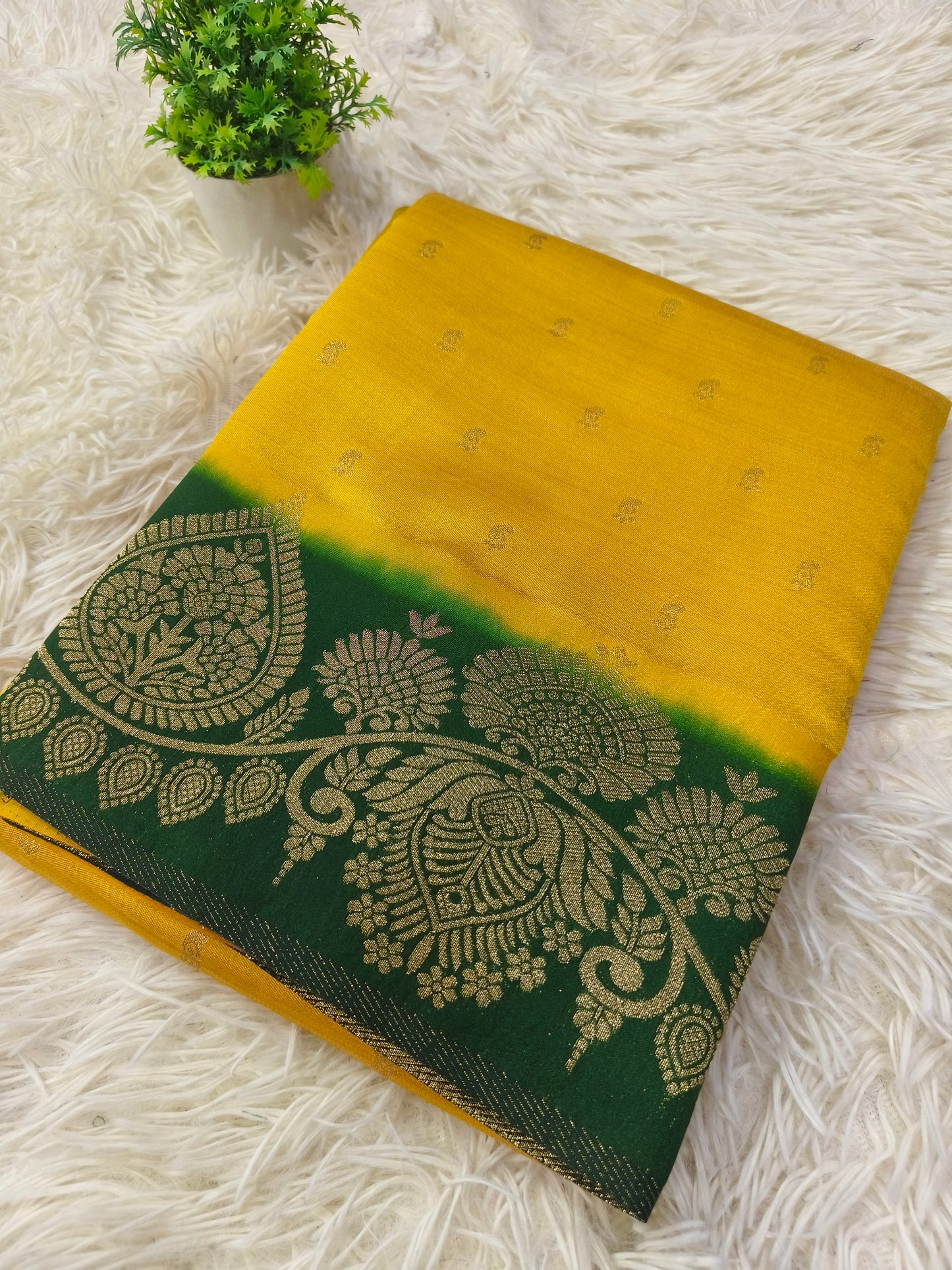 Yellow with Bottle green soft silk saree