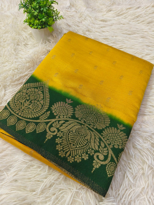 Yellow with Bottle green soft silk saree