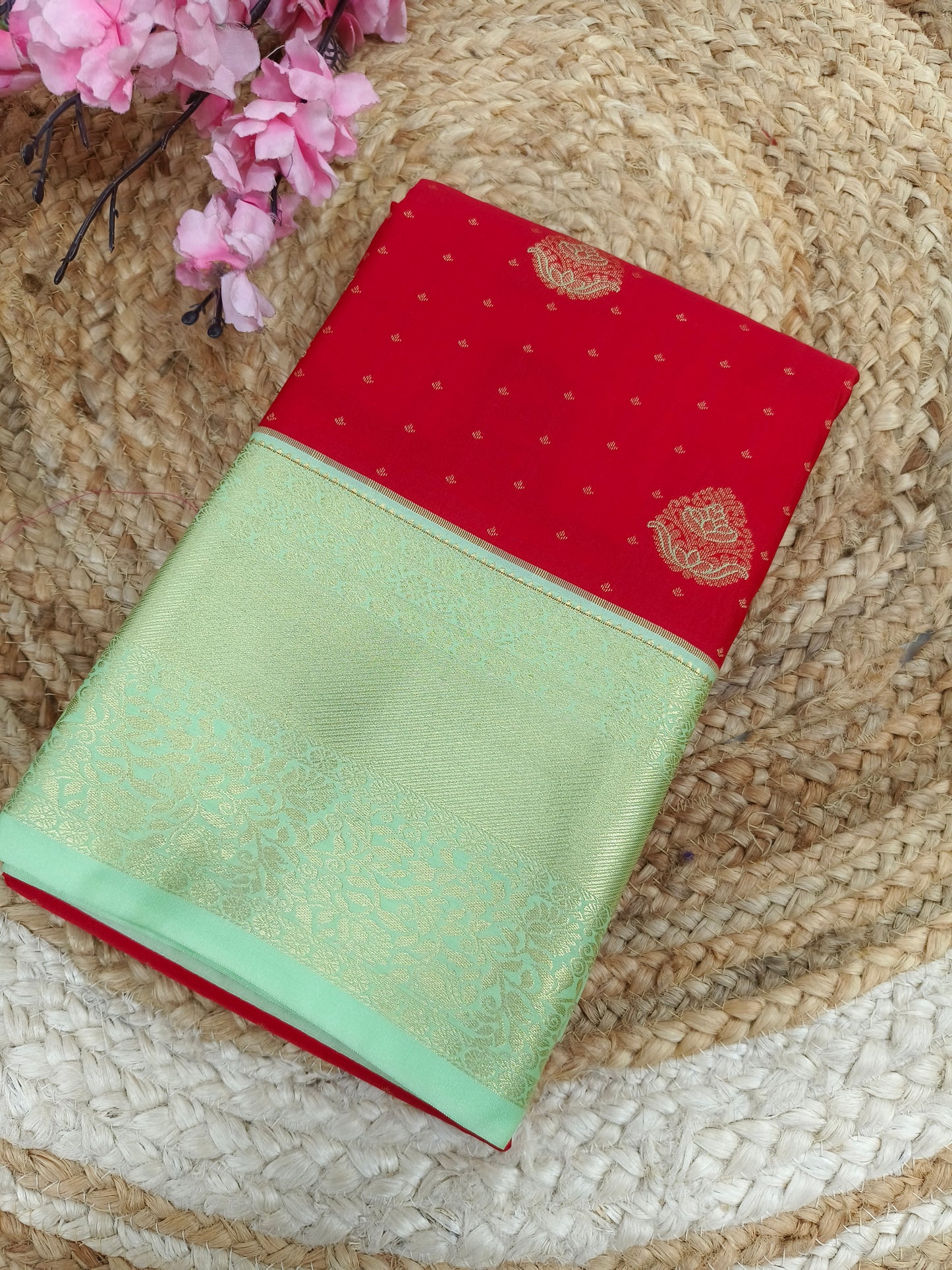 Red with light green Elegant semi kanjivaram silk saree