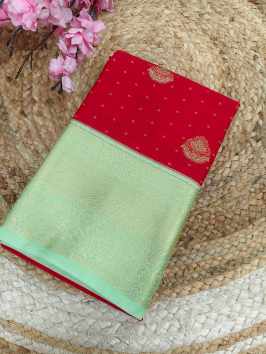 Red with light green Elegant semi kanjivaram silk saree