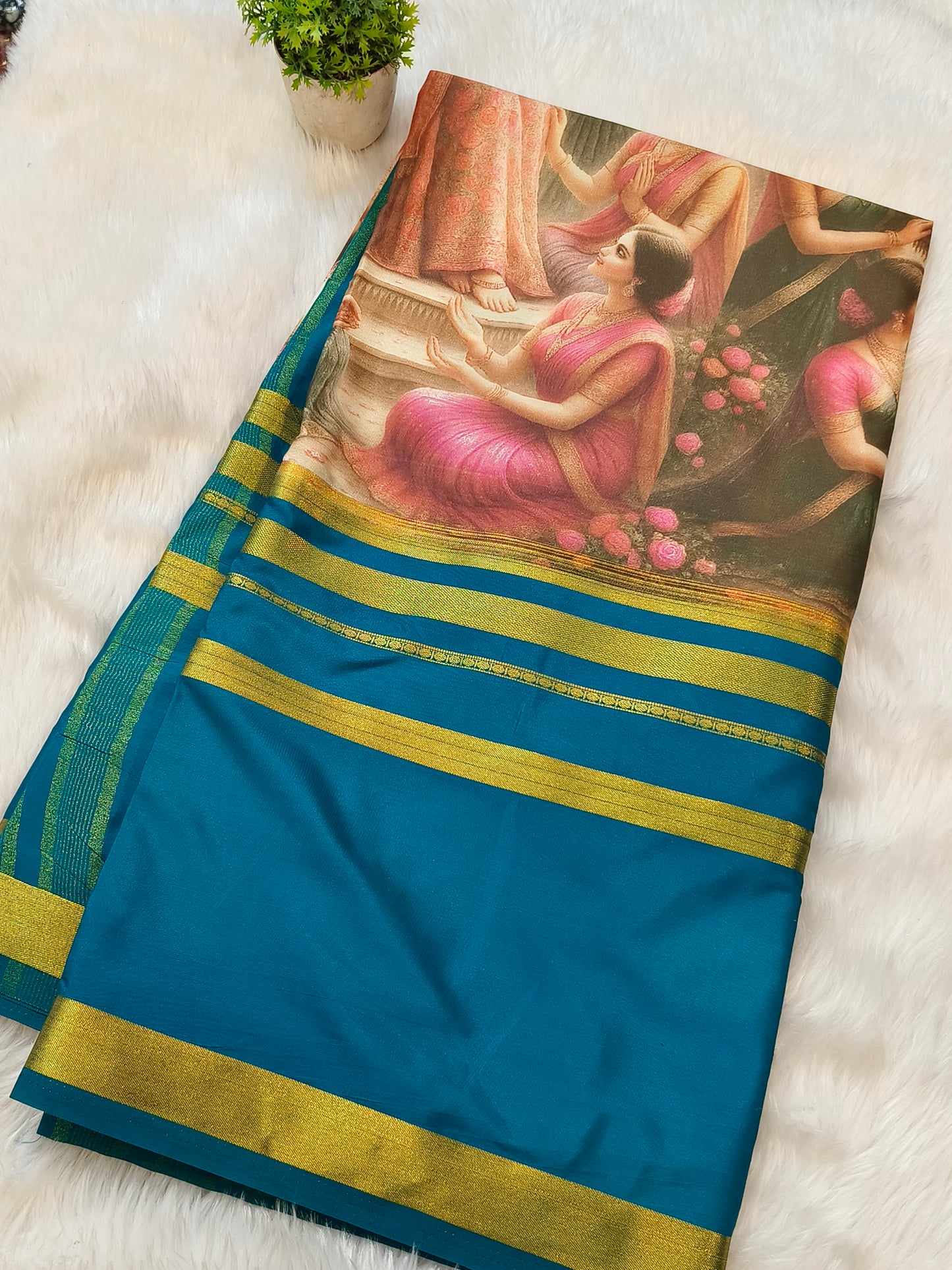 Skyblue printed semi Mysore crepe silk saree