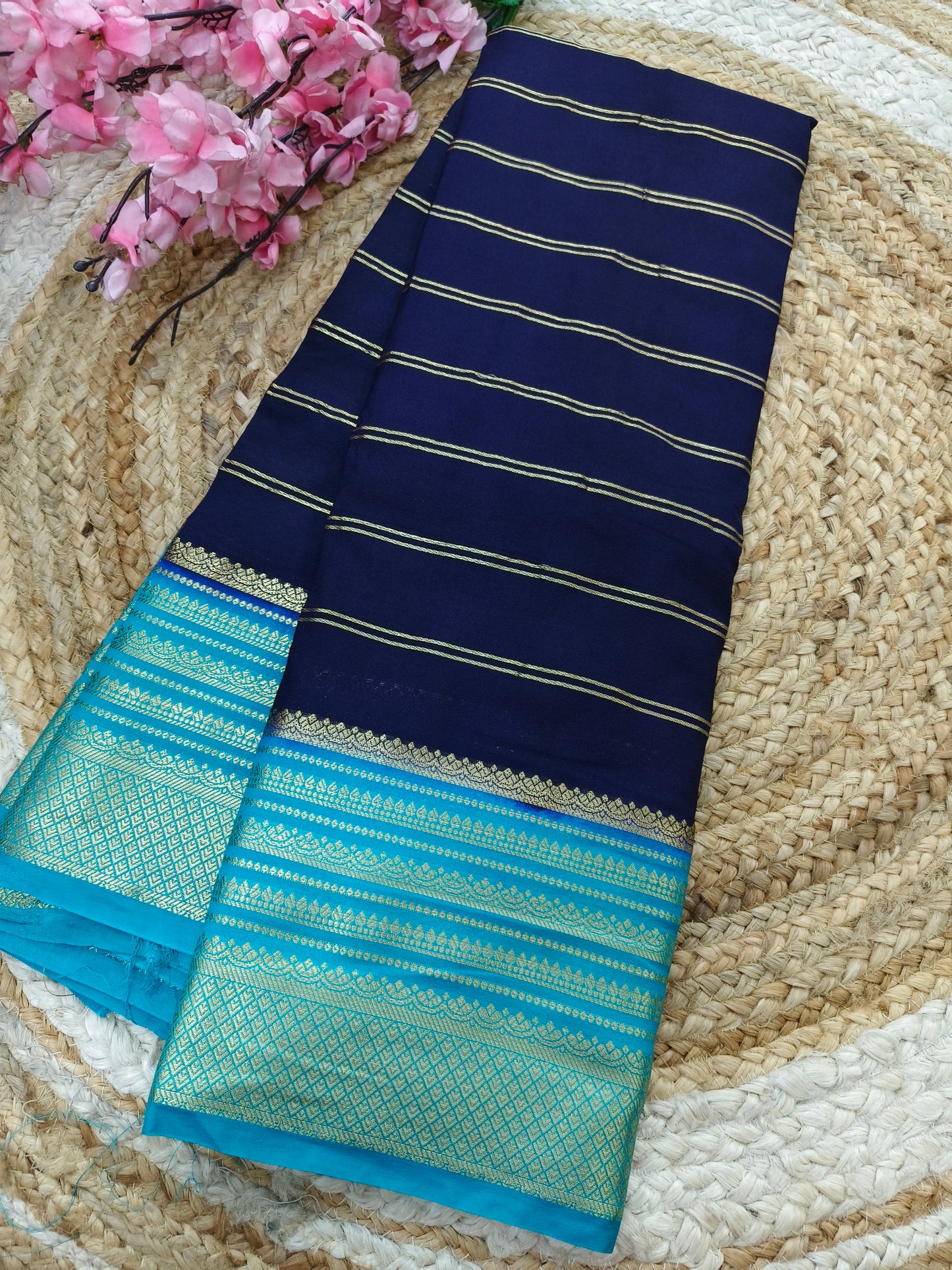 Navy Blue with Sky Blue Semi Mysore silk