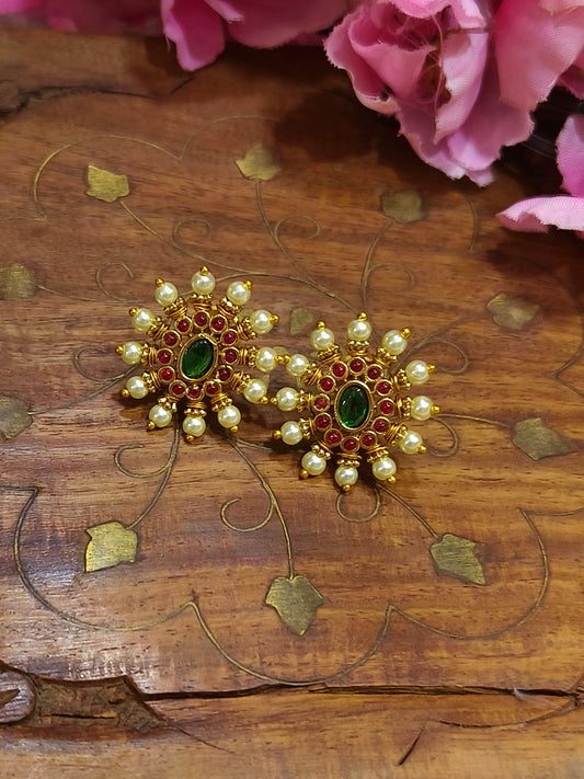 Green & Ruby pearl stone stud
