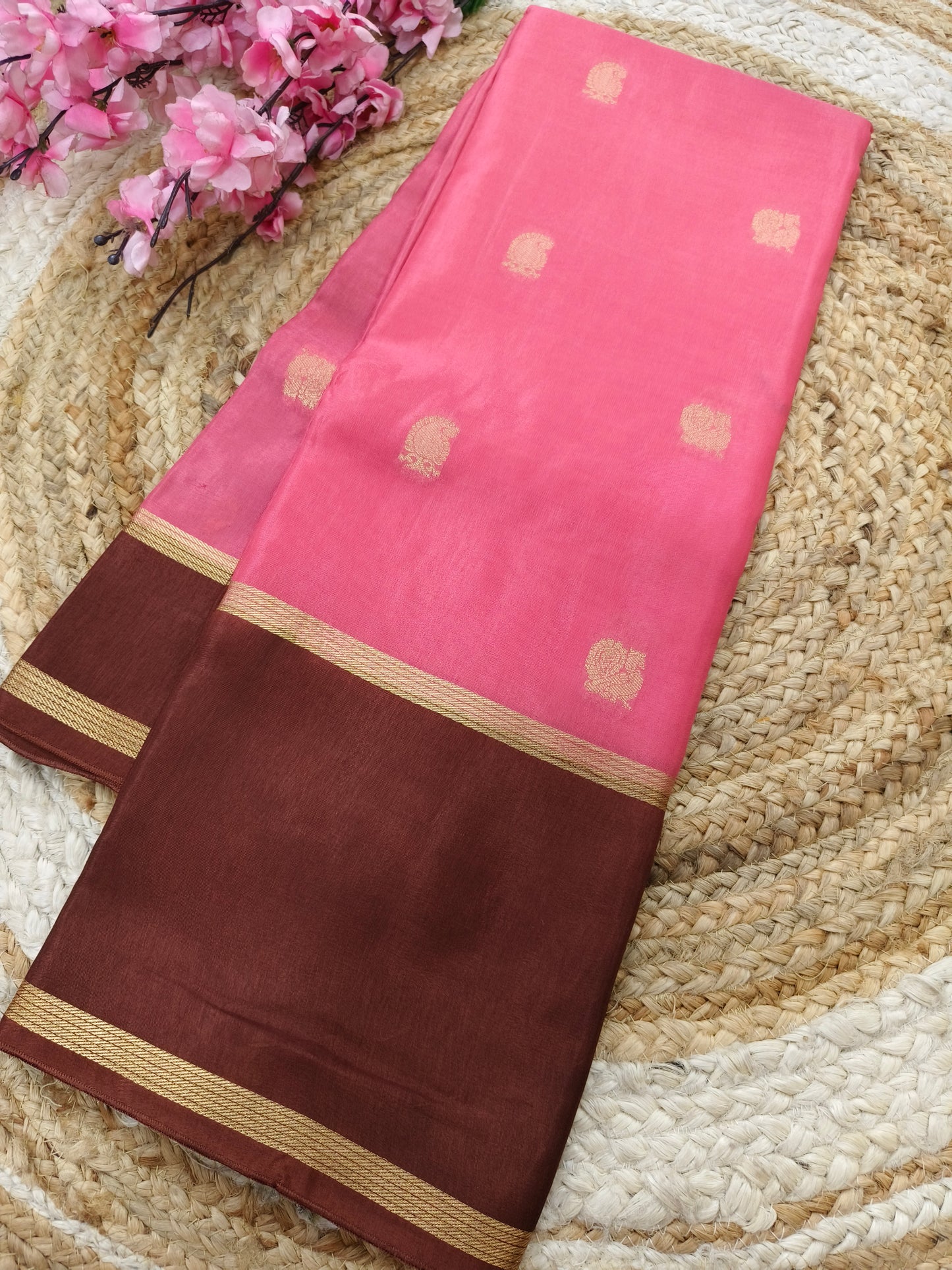 Candy pink with brown Munga silk saree