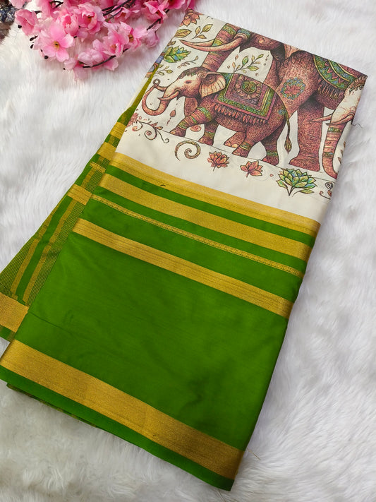 Leaf Green elephant Digital printed semi Mysore crepe silk saree