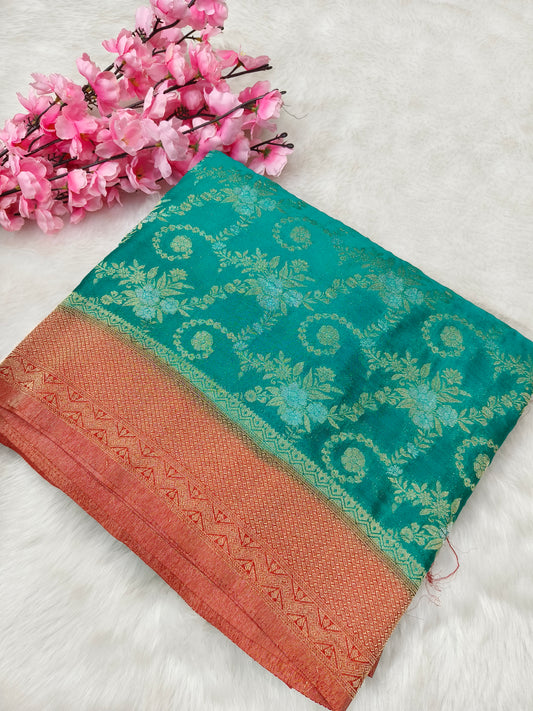 Green with red pure georgette silk saree
