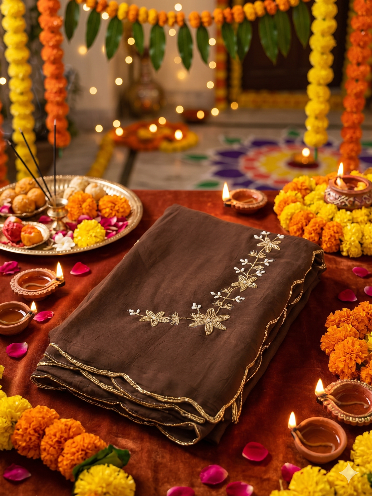 Elegance Brown Georgette Saree with Handcrafted Zardozi & Pearl Floral Work