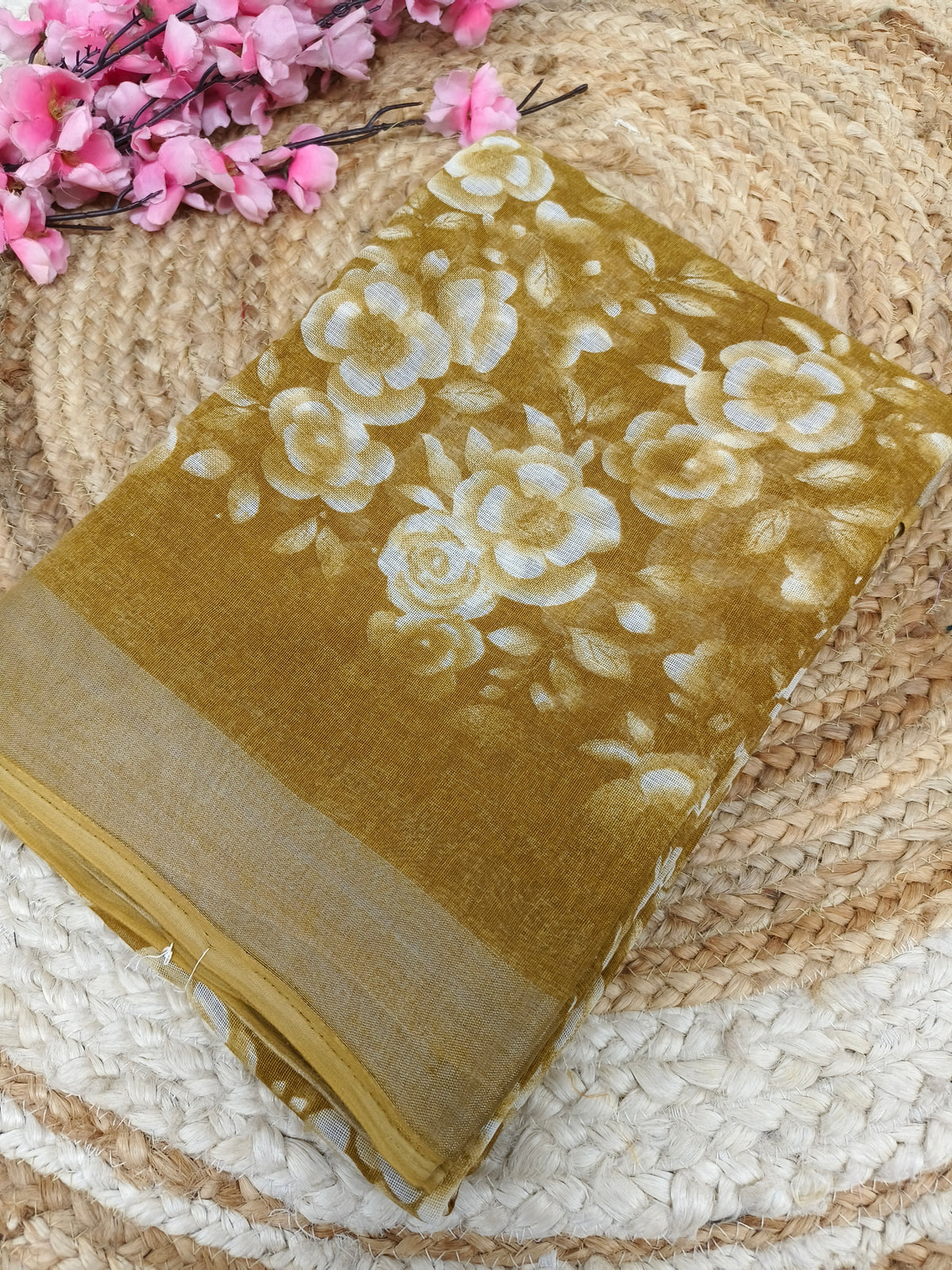 Yellow Lenin Cotton saree