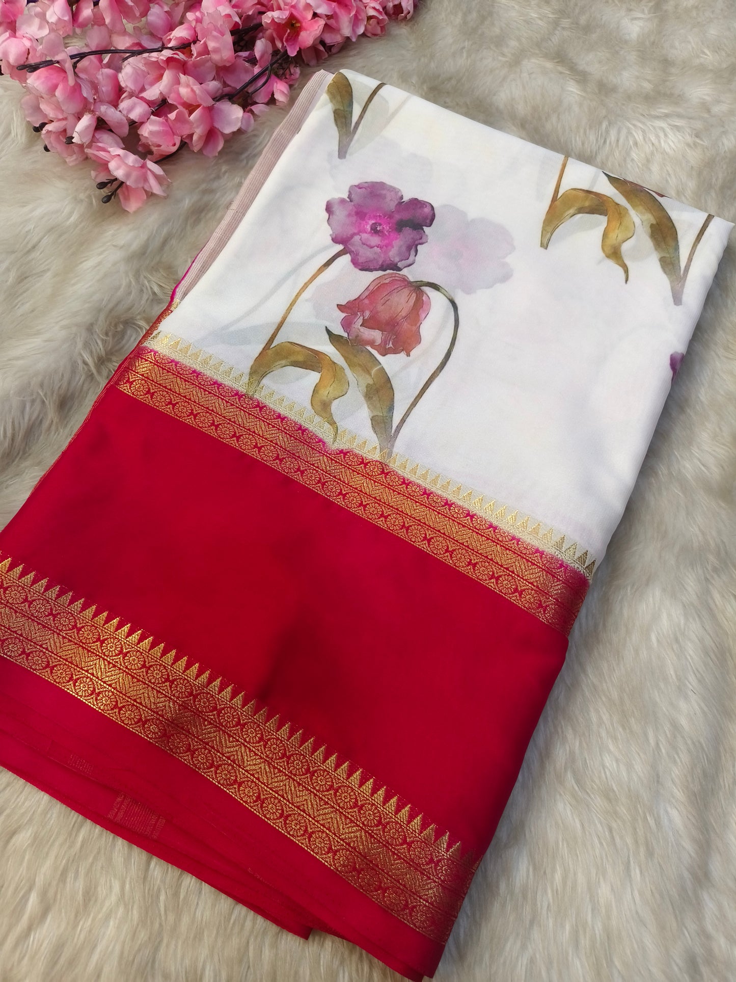 White with pink  semi Mysore crepe silk saree