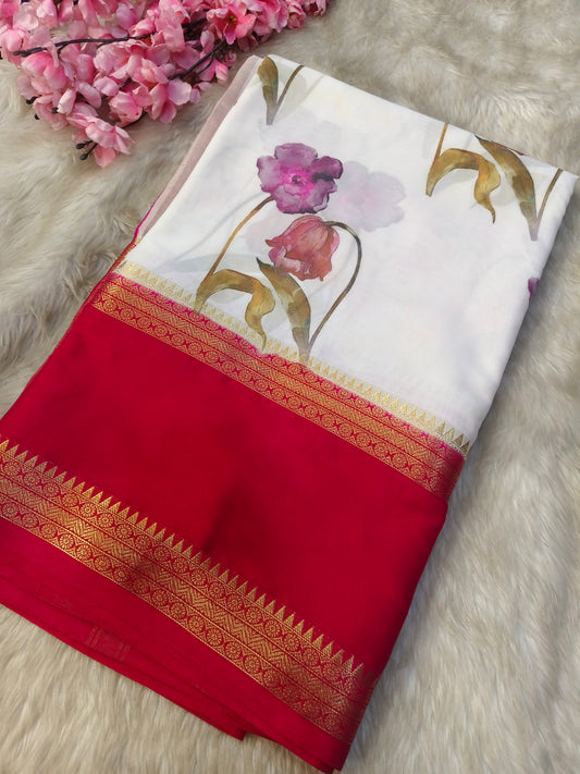 White with pink  semi Mysore crepe silk saree