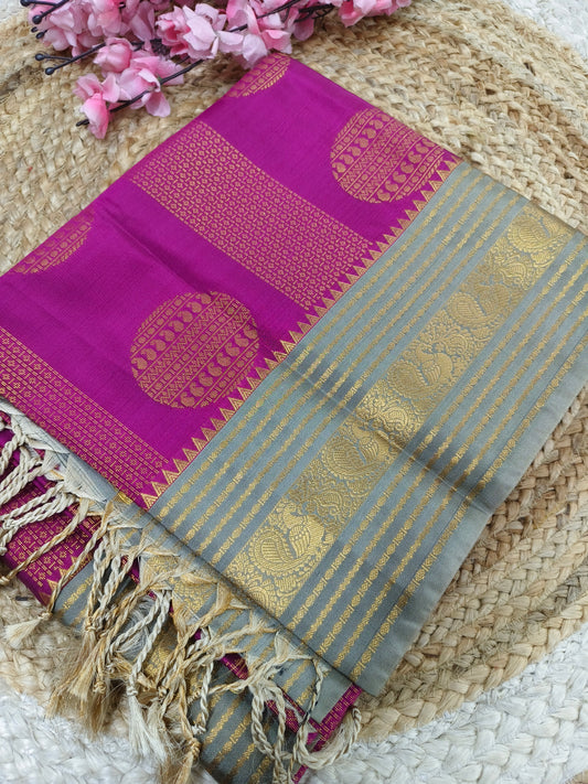 Pink with Gray Elegant soft semi kanjivaram silk saree