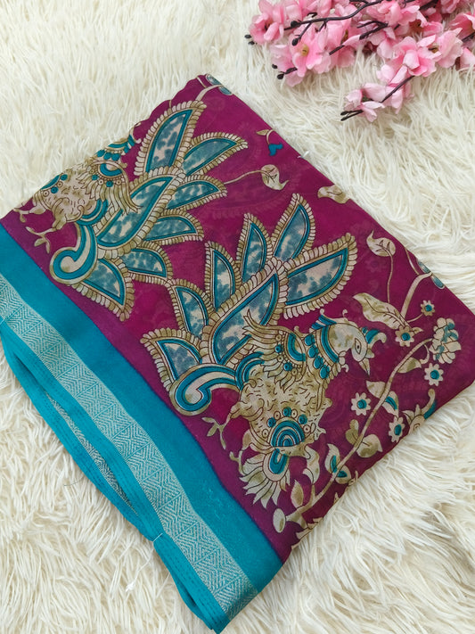 Wine  Kalamkari Georgette saree
