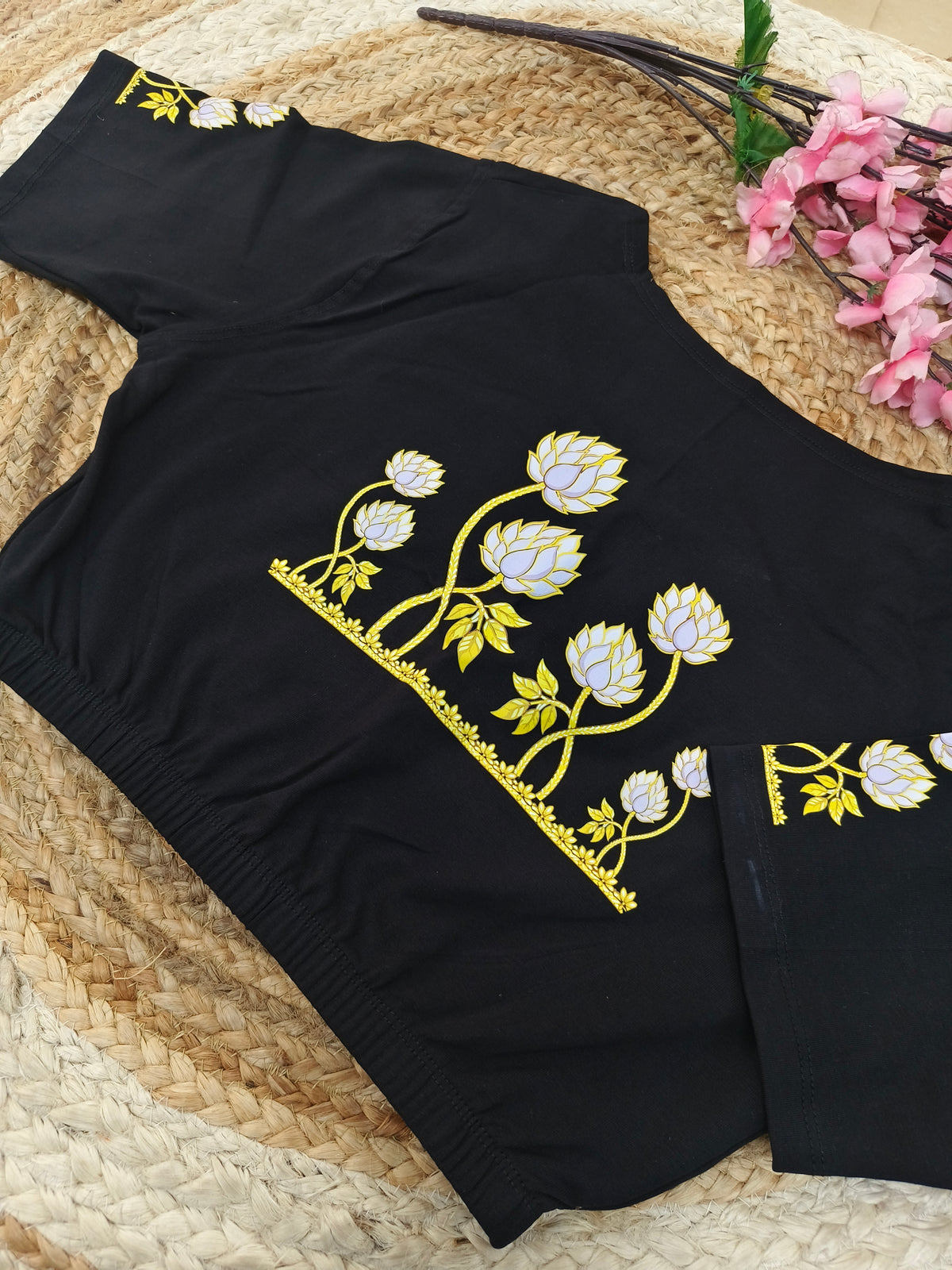 Black Stretchable blouse with unique printed design