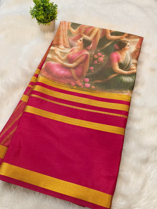 Light pink printed semi Mysore crepe silk saree
