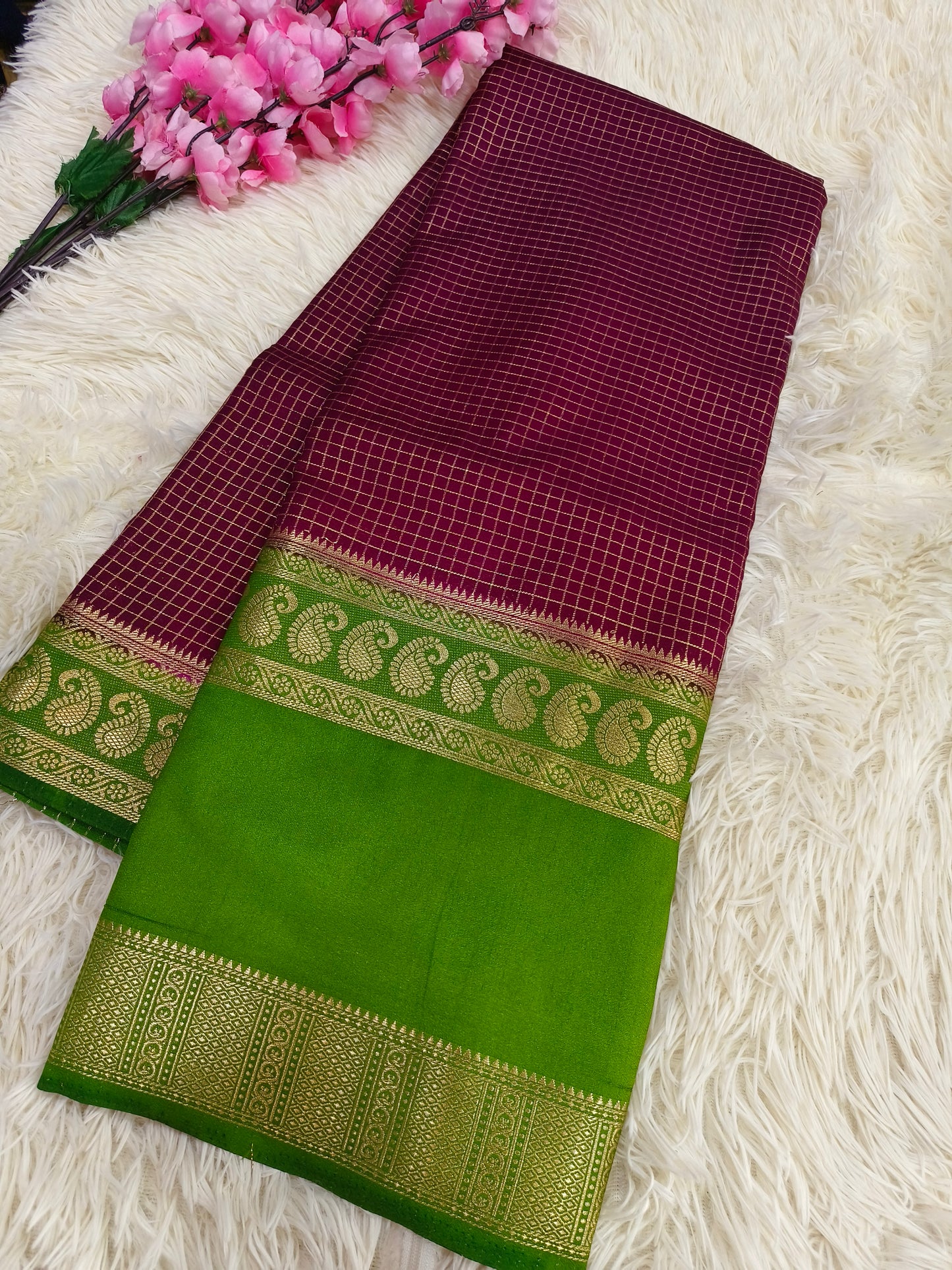 Wine With Green Semi Mysore crepe silk saree