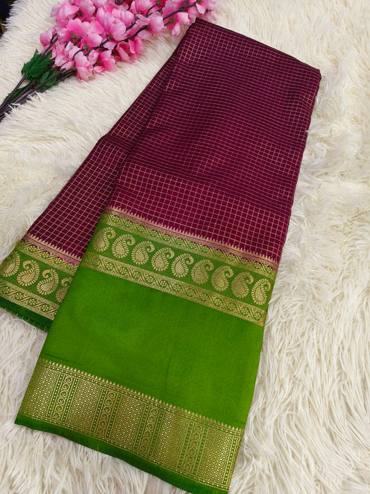 Wine With Green Semi Mysore crepe silk saree