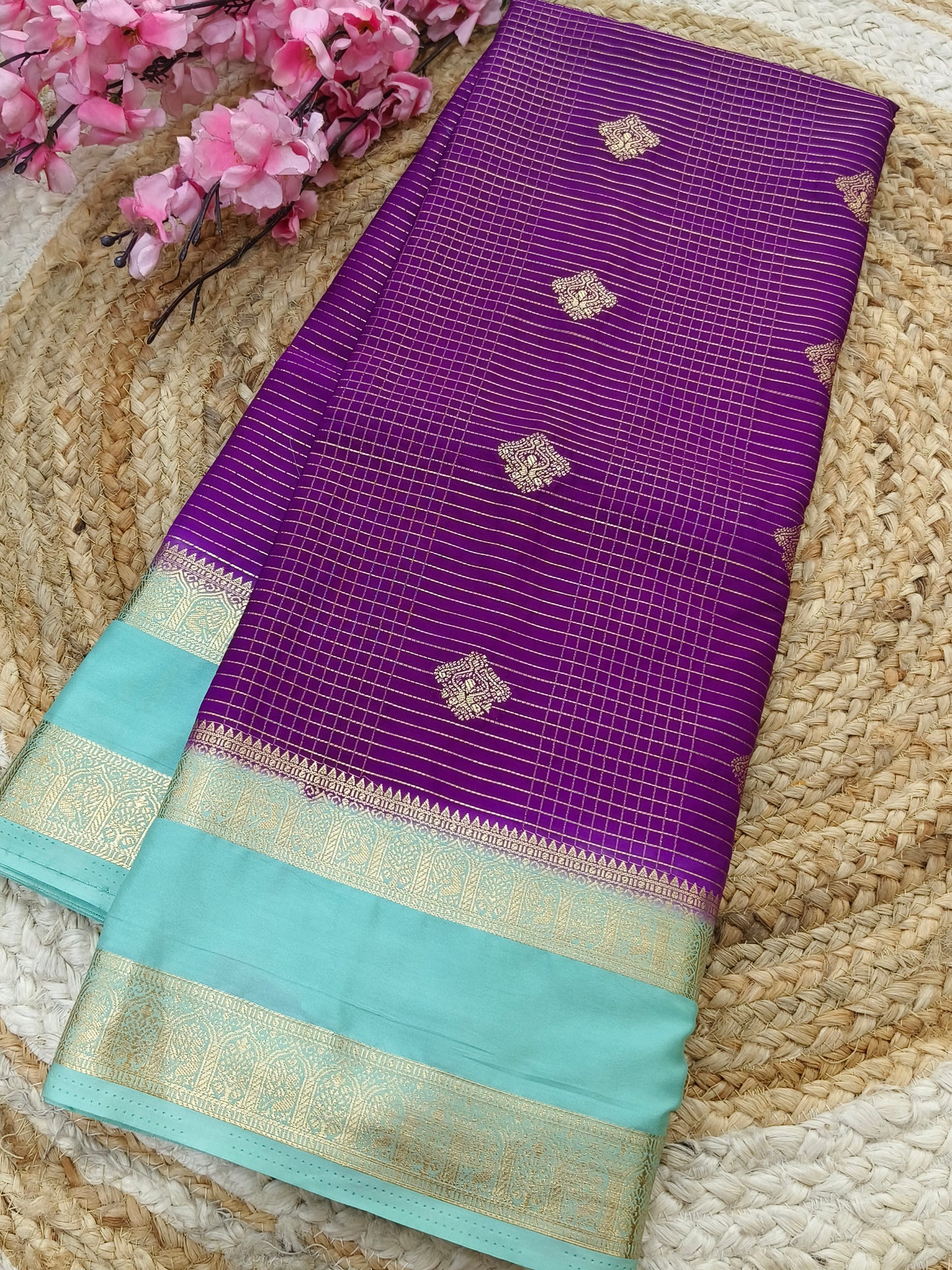 Light purple with Blue Semi Mysore silk